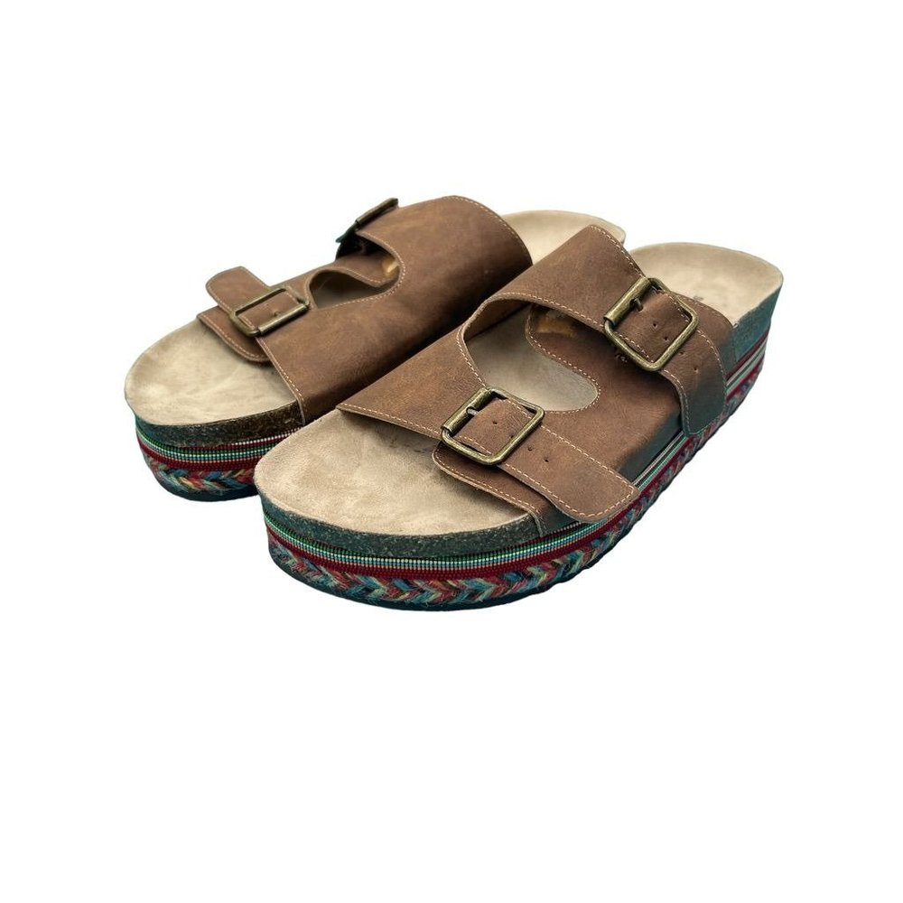 Seven Dials Slip on Sandals Beverlyn brown straps cork sole colorful Size 10